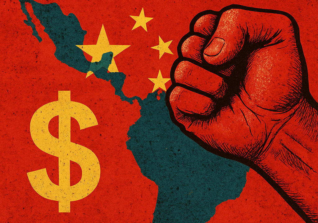 Puño rojo con estrella china sobre mapa de América Latina y signo de dólar