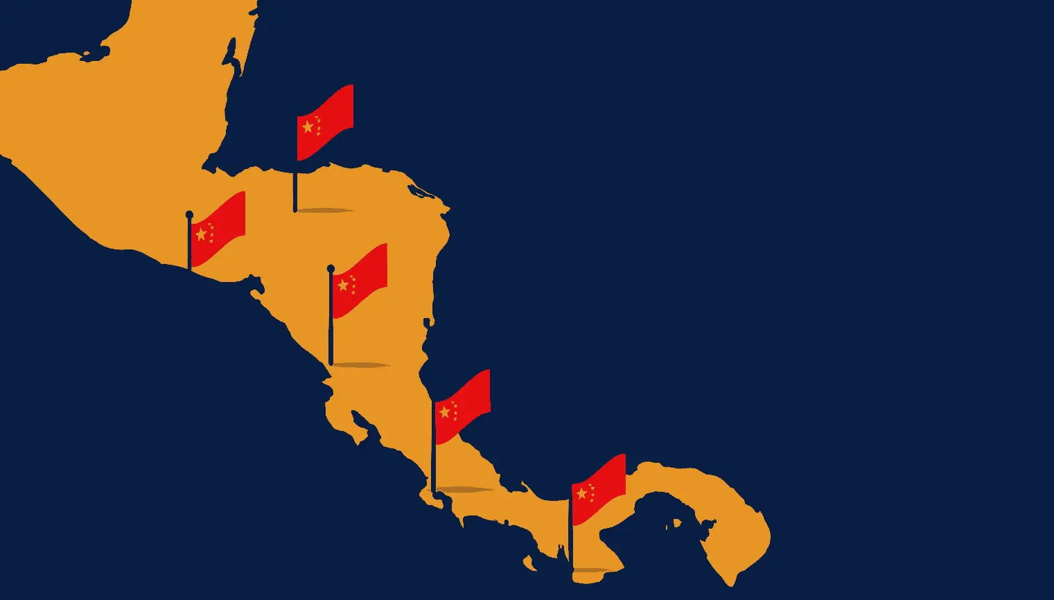 Mapa de Centroamérica con banderas de China implantadas en cada país