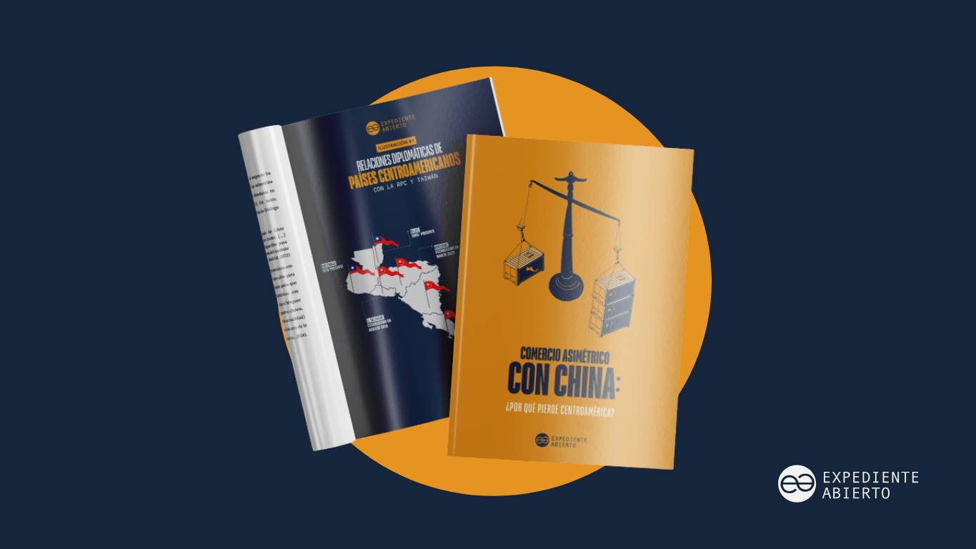 Libro impreso del informe Comercio asimétrico con China junto a página interior con mapa