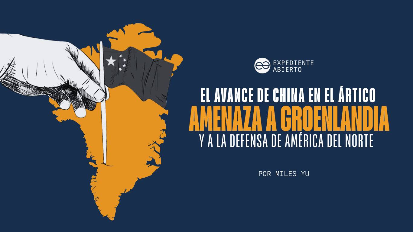 Mano clavando bandera china sobre mapa de Groenlandia, amenaza al Ártico
