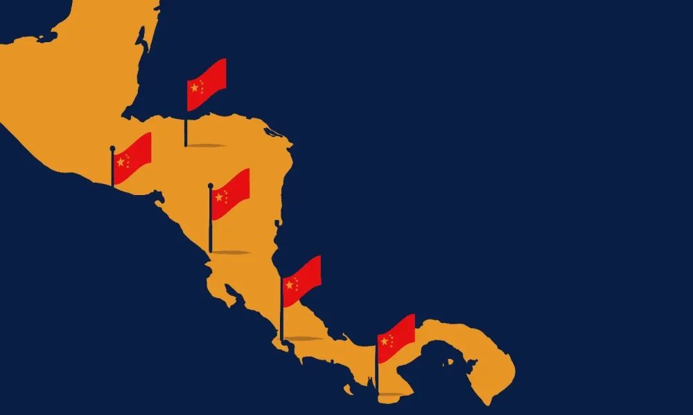 Mapa de Centroamérica con banderas de China implantadas en cada país
