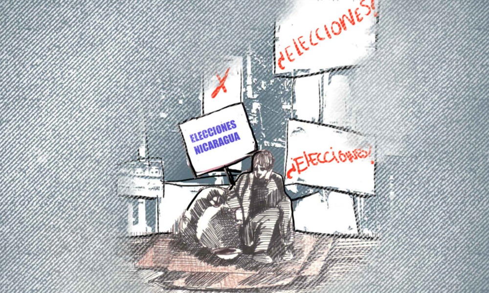 Ilustracin de persona sentada frente a carteles de elecciones en Nicaragua tachados, representando la crisis electoral