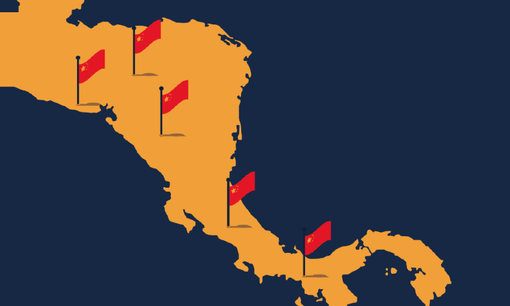 Mapa ilustrado de Centroamrica con banderas de China marcando la presencia en cada pas de la regin