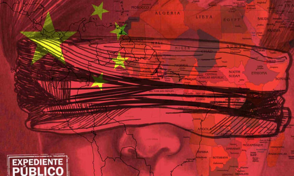 Ilustración de figura china con bandera superpuesta sobre mapa de África y Latinoamérica