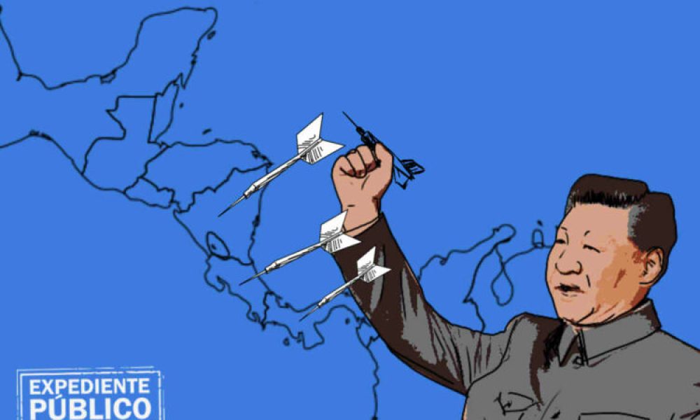 Ilustración de Xi Jinping lanzando dardos sobre mapa de Centroamérica