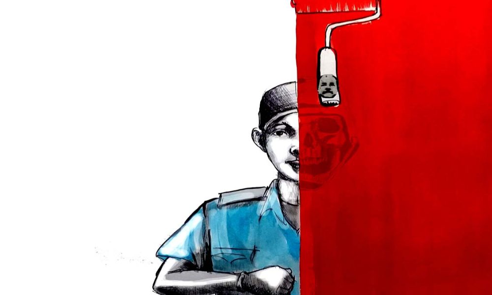 Ilustración de figura pintando pared roja con calavera oculta detrás, representando represión policial