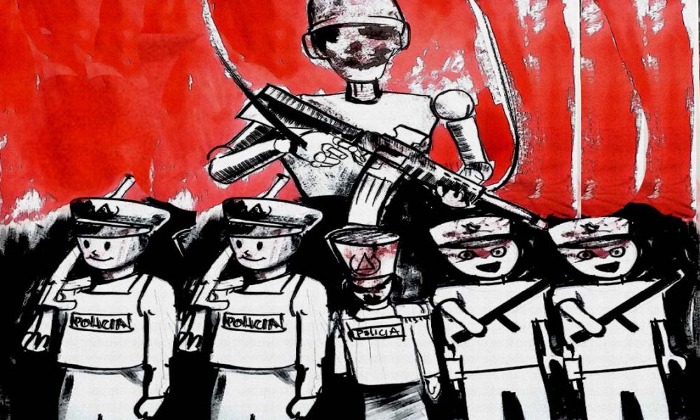 Ilustración de figuras de policías armados con robot sobre fondo rojo