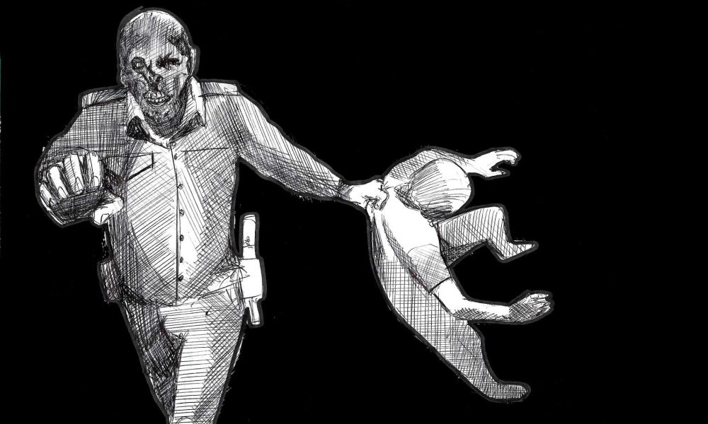 Ilustración a lápiz de figura autoritaria arrastrando a persona indefensa