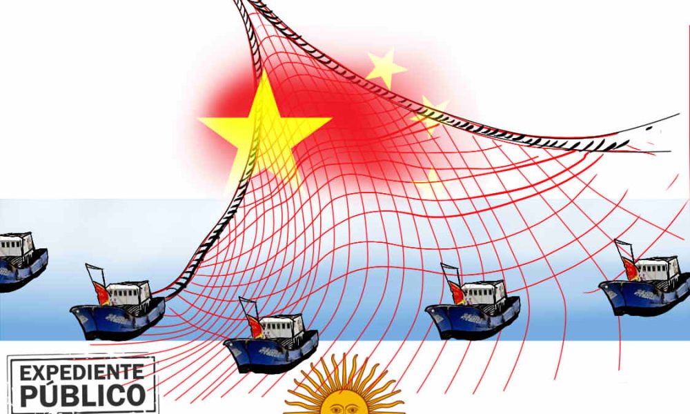 Ilustración de barcos pesqueros chinos lanzando redes sobre bandera argentina