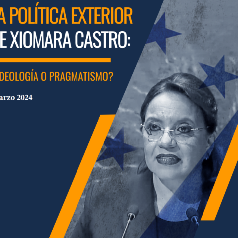 Retrato de Xiomara Castro con título de artículo sobre política exterior de Honduras