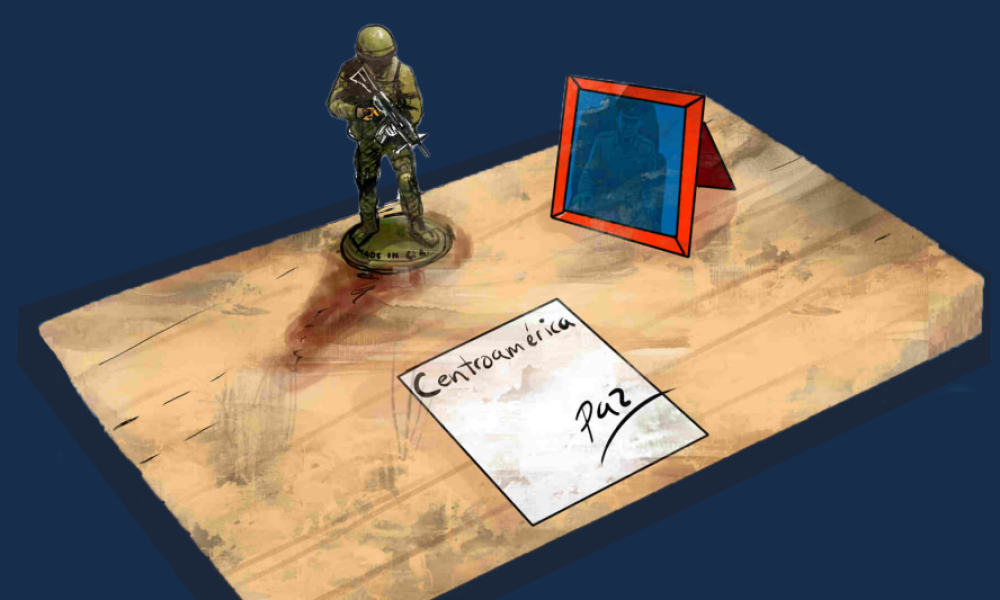 Ilustración de soldado de juguete y cartel de paz sobre tabla de madera