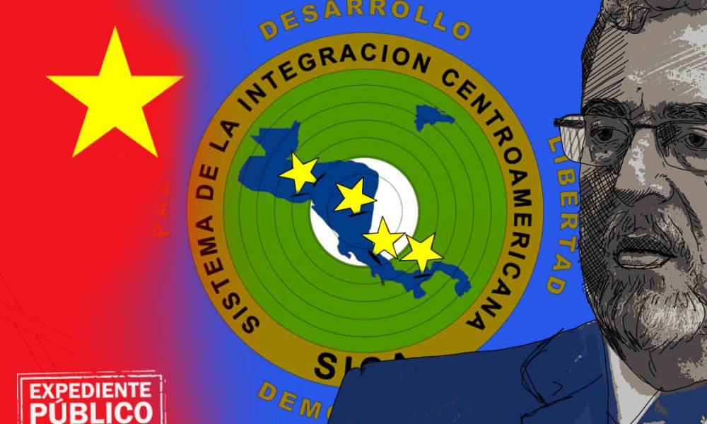 Ilustración de bandera china junto al logo del SICA y retrato de político