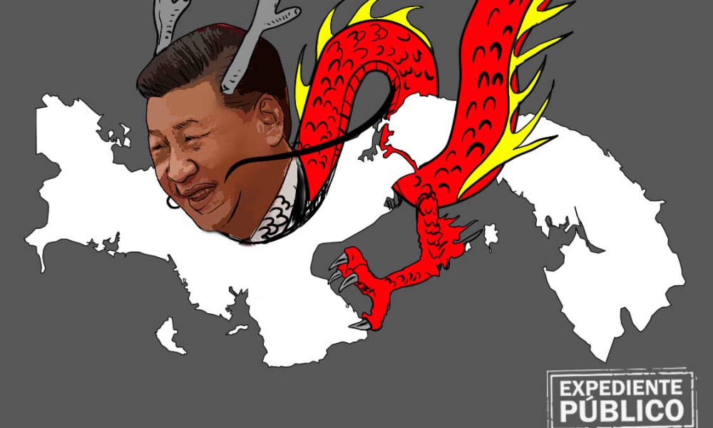 Caricatura de Xi Jinping como dragón chino sobre mapa de Panamá