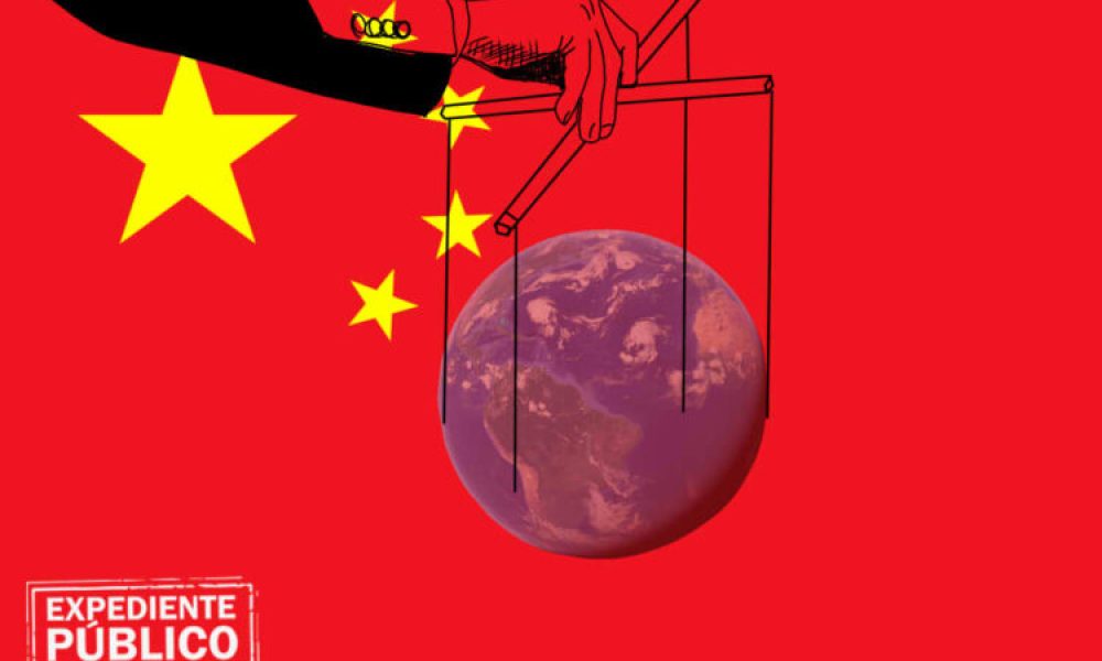 Ilustración de mano con bandera china manipulando el globo terráqueo como marioneta