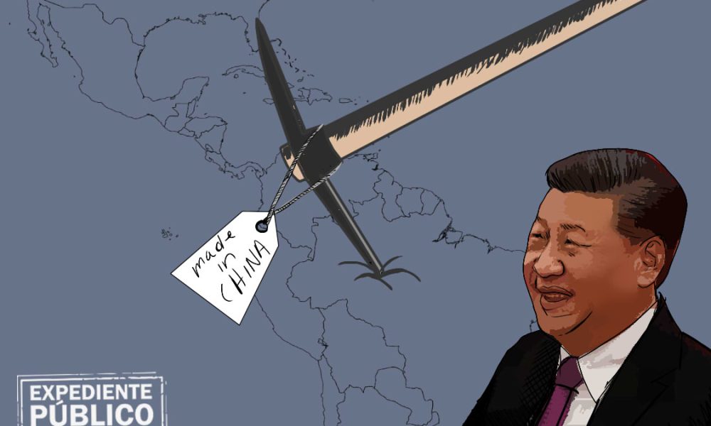 Ilustración de Xi Jinping con espada etiquetada Made in China sobre mapa de América