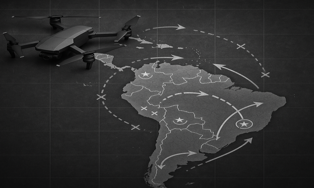Dron negro sobre mapa oscuro de América Latina con rutas trazadas